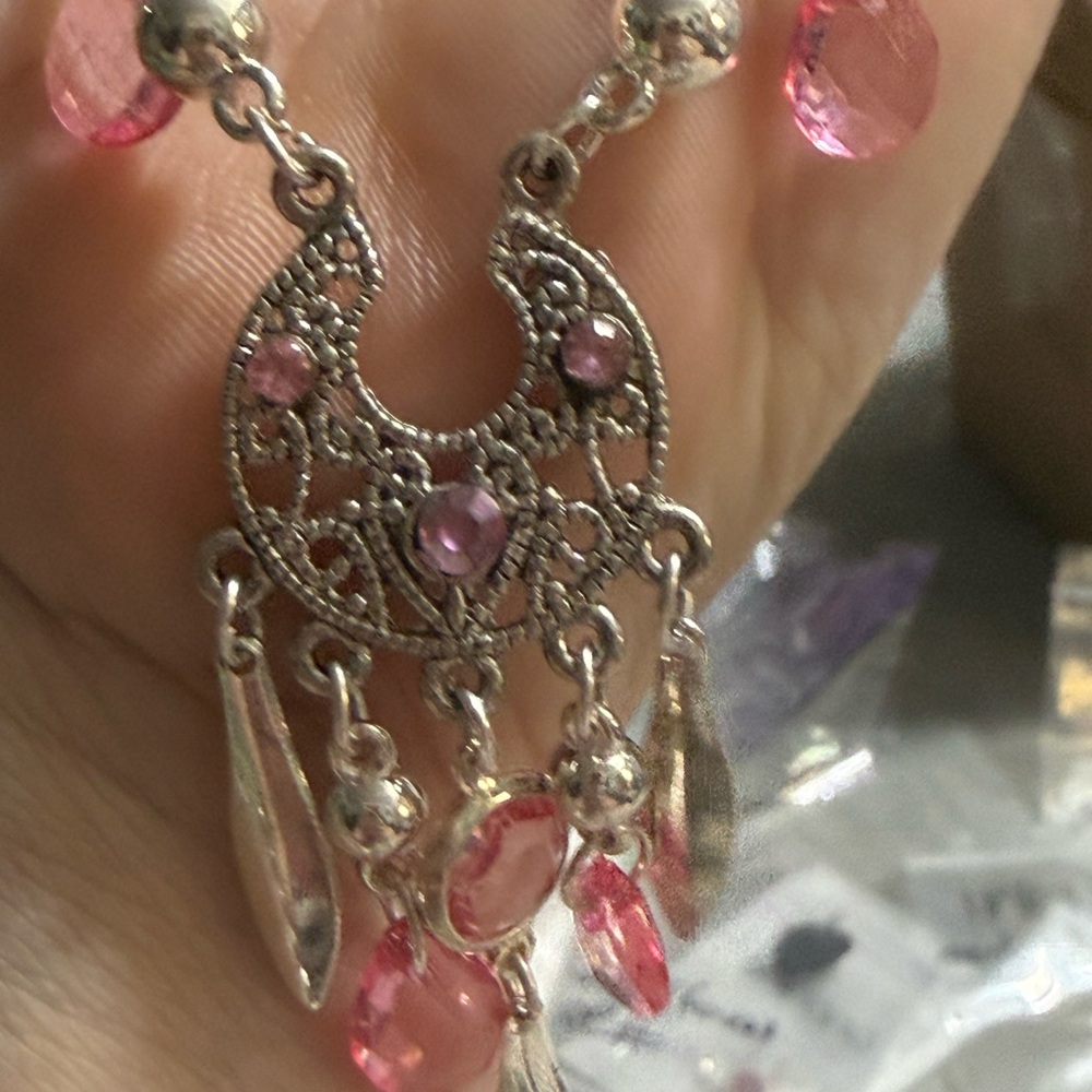 Bohemian  inspired Elegant Pink Chandelier Earrings and chain